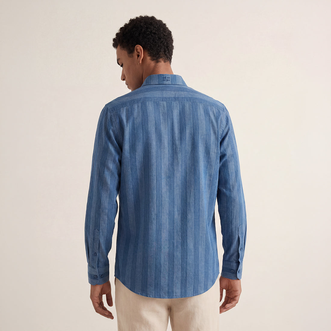 RELAXED FIT INDIGO STRIPES HANDWOVEN COTTON SHIRT