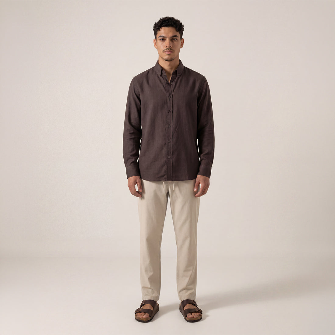 SLIM FIT DARK BROWN HANDWOVEN COTTON SHIRT