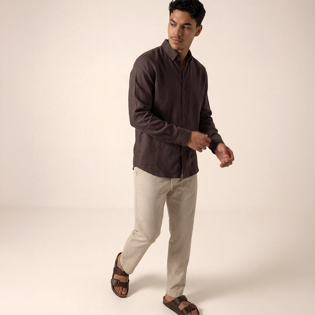 SLIM FIT DARK BROWN HANDWOVEN COTTON SHIRT