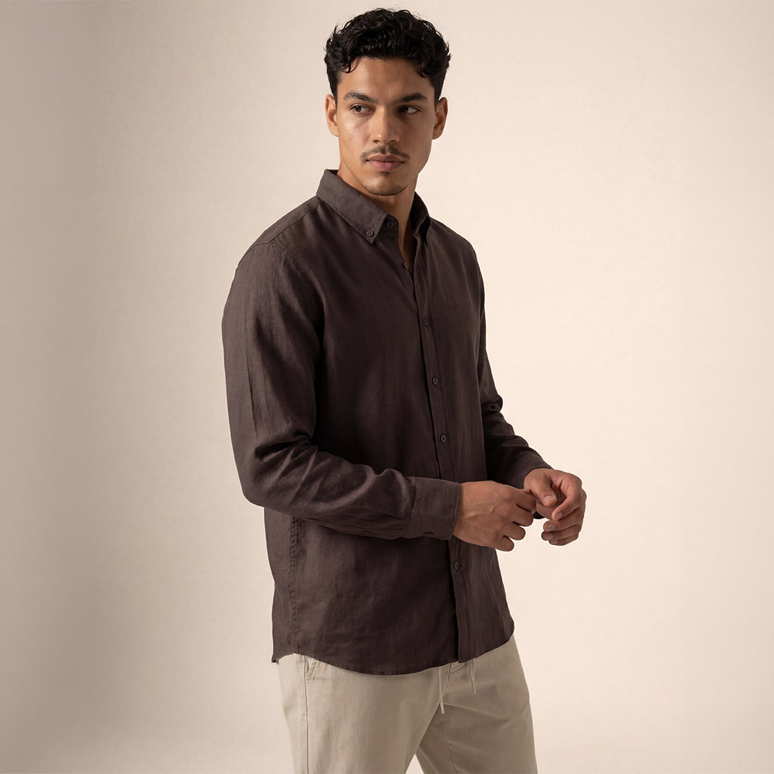 SLIM FIT DARK BROWN HANDWOVEN COTTON SHIRT