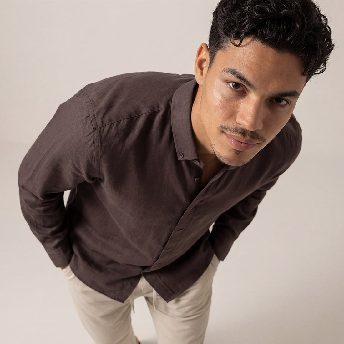 SLIM FIT DARK BROWN HANDWOVEN COTTON SHIRT